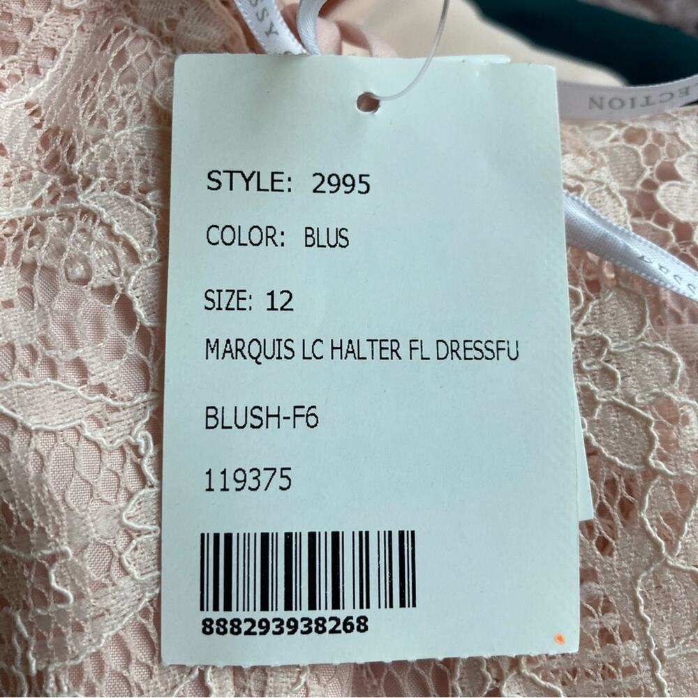 Dessy Collection NWT Halter Cross Back Marquis Lace Trumpet Blush Dress Size 12 - Picture 7 of 7